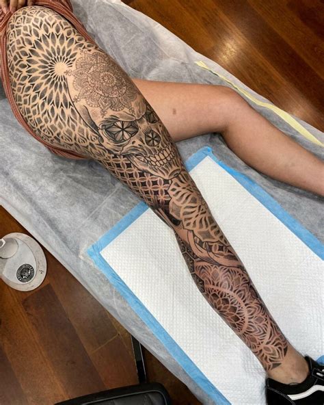 women's feminine leg sleeve tattoo|geometric tattoo leg sleeve.